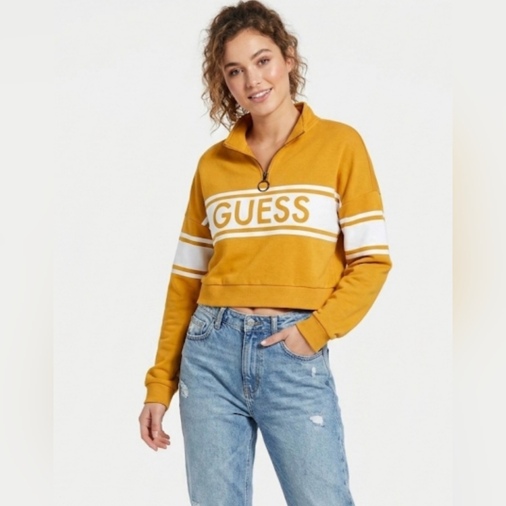 Guess Mustard Yellow & White Cropped Quarter-Zip Pullover size:L